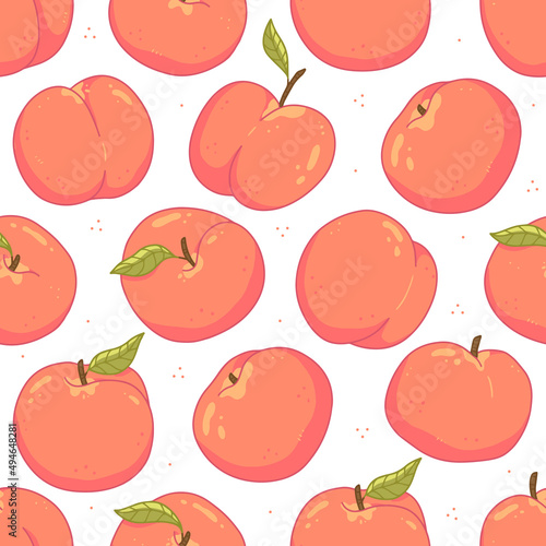 Seamless fruit pattern with peaches and leaves on a white background. Vector illustration background.