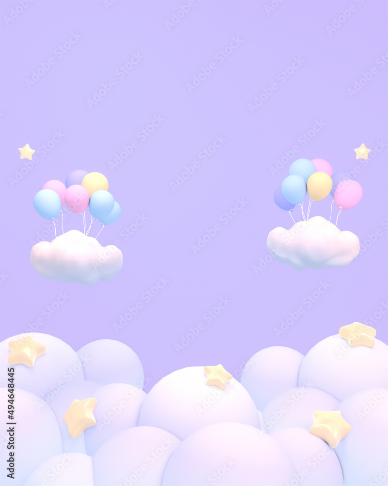 3d rendered pastel purple sky with balloons, stars, and clouds.