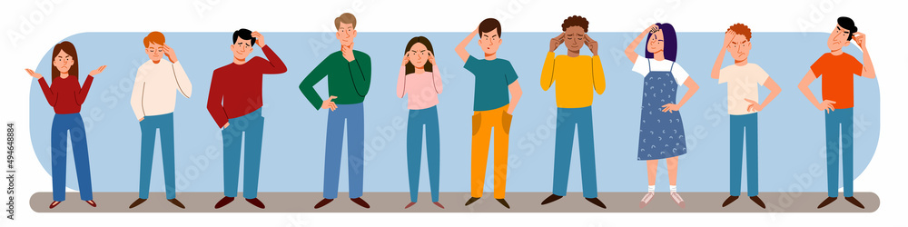 A set of vector illustrations of different thinking people. A collection of various men and women in full growth. A set of vector illustrations of different thinking people. A collection of various men and women in full growth.