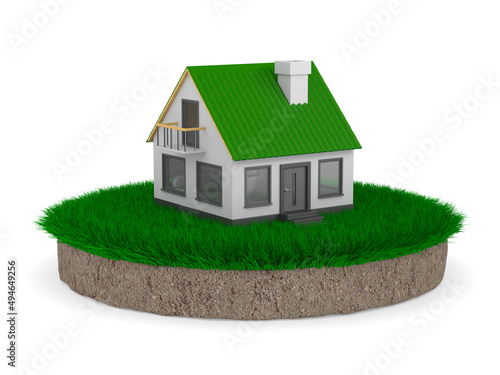house and round soil ground with green grass on white background. Isolated 3D...