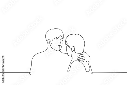 one man hugged another by the neck and looks into his face - one line drawing vector. concept of emotional support, skinship in relationships, male friendship