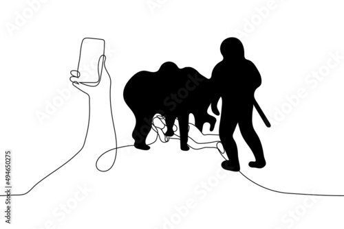 crowd of people in black uniforms are beating man lying on ground, friend with baton is running towards them, someone is filming them all on phone. concept mobile filming of beating of rally