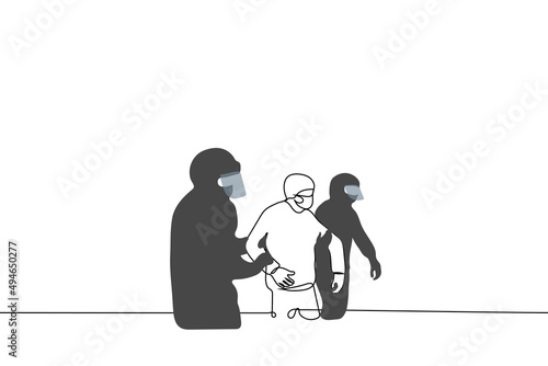 two men in uniform and in helmets lead under arms of civilian man in mask - one line drawing vector. concept of the detention of political oppositionist, arrest of protester at rally, police detention