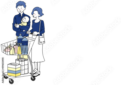 赤ちゃんと一緒に買い物する家族