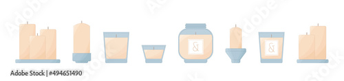 Different interior candles isolated on white. Beige wax candles on glass pedestal holder, glass jar candles, scented candles for aroma therapy and spa. Modern home decor elements vector icon set.
