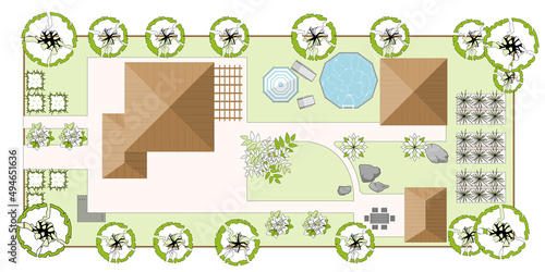 Top view landscape design plan with house, courtyard, lawn and garage. Highly detailed plan of a country Top view of a house. Vector illustration of Cityscape or Map of town, village