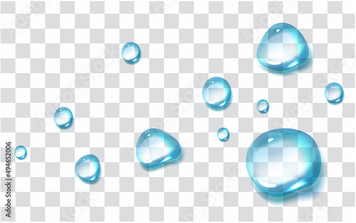 Transparent drops isolated on gray background. 