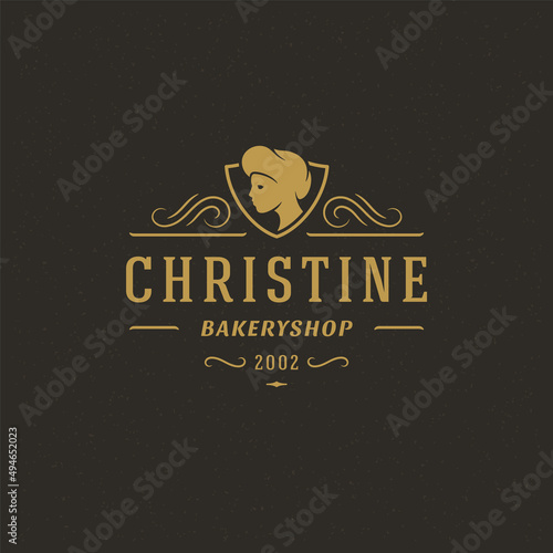 Bakery badge or label retro vector illustration. Baker woman or chef in hat silhouette for bakehouse.
