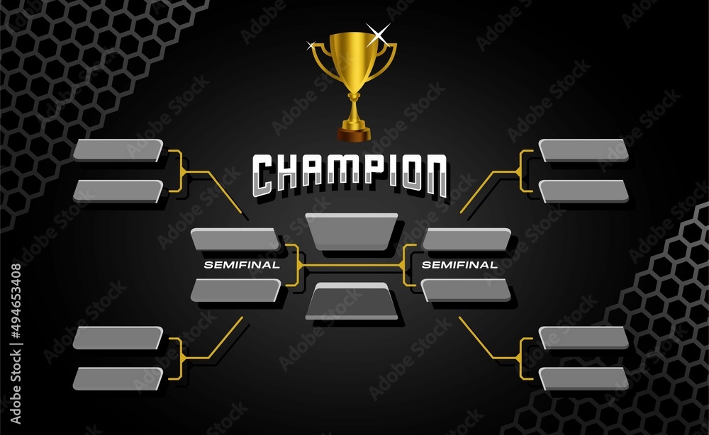 black and gold elegant sport game tournament championship contest stage layout, double elimination bracket board chart vector with champion trophy prize icon illustration background  - obrazy, fototapety, plakaty 