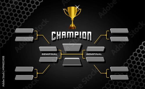 black and gold elegant sport game tournament championship contest stage layout, double elimination bracket board chart vector with champion trophy prize icon illustration background  photo