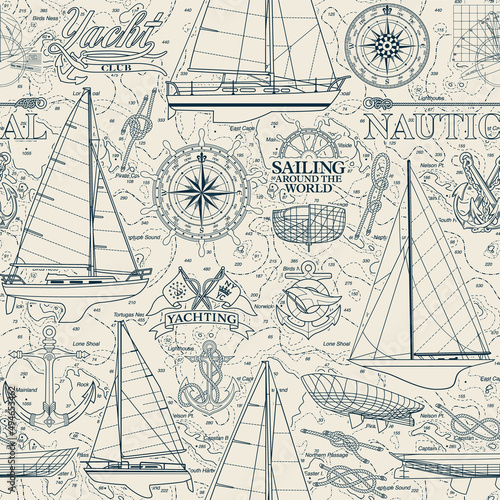 Tapety Transport  sailboat-and-yachting-elements-collage-with-nautical-map-background-marine-vector-seamless-pattern