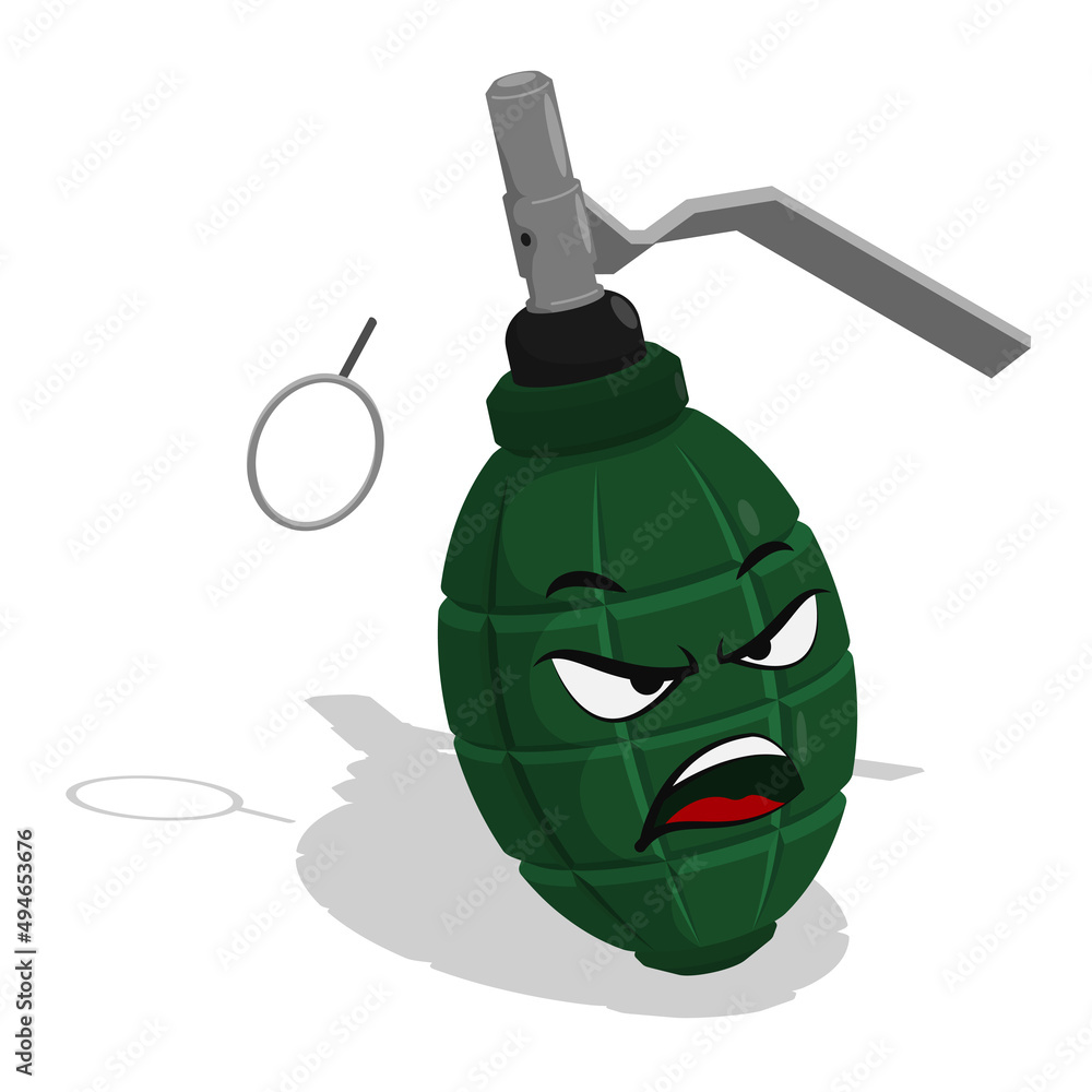 Cartoon Evil hand fragmentation ribbed grenade with cube. Combat ...