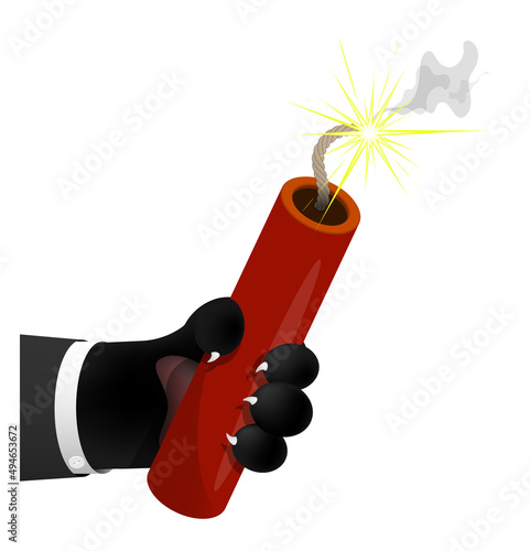 cat paw holds stick of dynamite with burning wick. Meanness and deceit, dishonest business conduct. Cartoon vector illustration