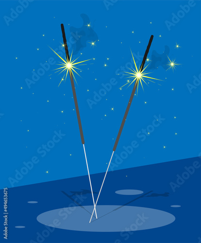 Bengal fire with sparks. Fireworks on shelf. Festive show with pyrotechnics. Cartoon vector isolated on white background