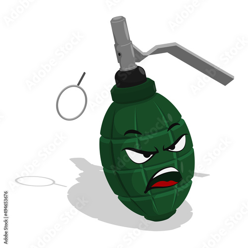Cartoon Evil hand fragmentation ribbed grenade with cube. Combat soldier weapon. Vector isolated on white background