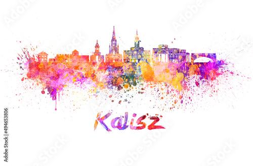 Kalisz skyline in watercolor splatters