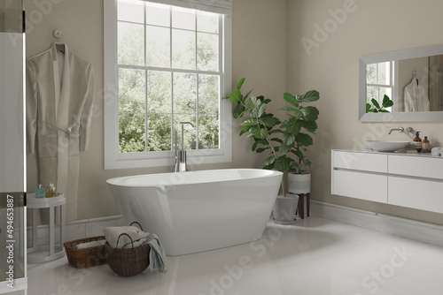 Modern bathroom interior with wooden decor in eco style. 3D Render 