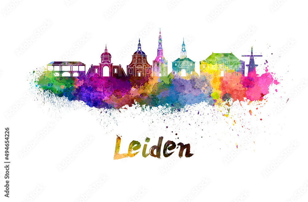 Obraz premium Leiden skyline in watercolor splatters with clipping path