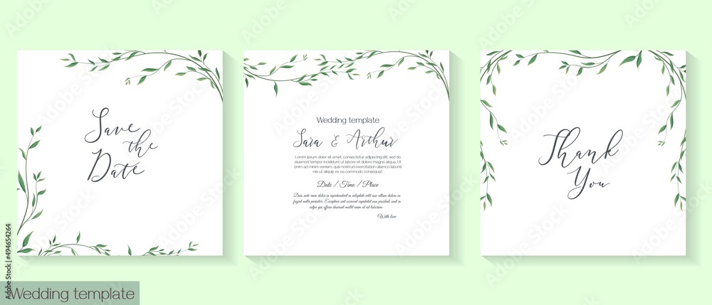 Vector herbal wedding invitation template. Different herbs, green plants and leaves. All elements can be isolated.