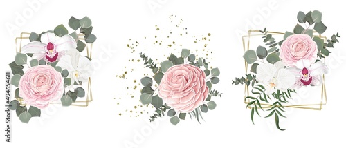 Vector flower set for wedding design. Pink roses, white orchid, eucalyptus, plants, leaves, golden elements. Flowers on a white background