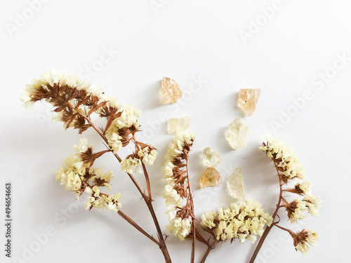 Set of natural resins and twigs of dried lemon statice , frankincense close-up on white background