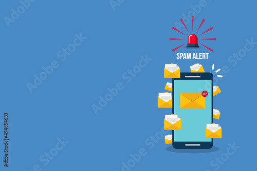 Spamming concept, a lot of emails on the screen of a smart phone. Email box hacking, spam warning. Vector illustration.