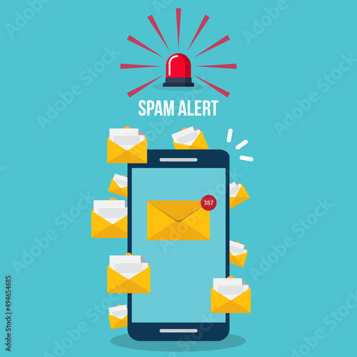 Spamming concept, a lot of emails on the screen of a smart phone. Email box hacking, spam warning. Vector illustration.