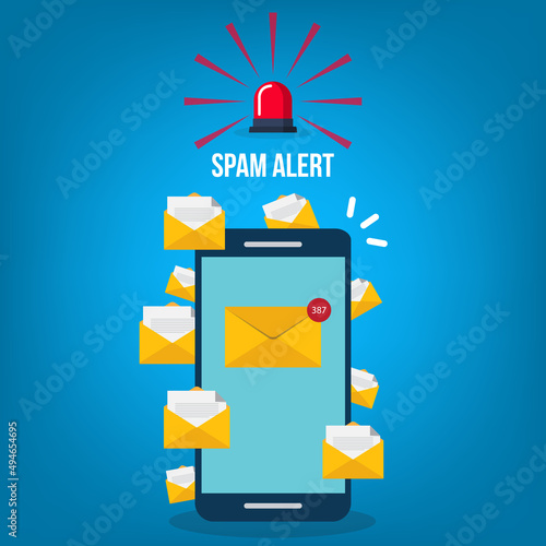 Spamming concept, a lot of emails on the screen of a smart phone. Email box hacking, spam warning. Vector illustration.
