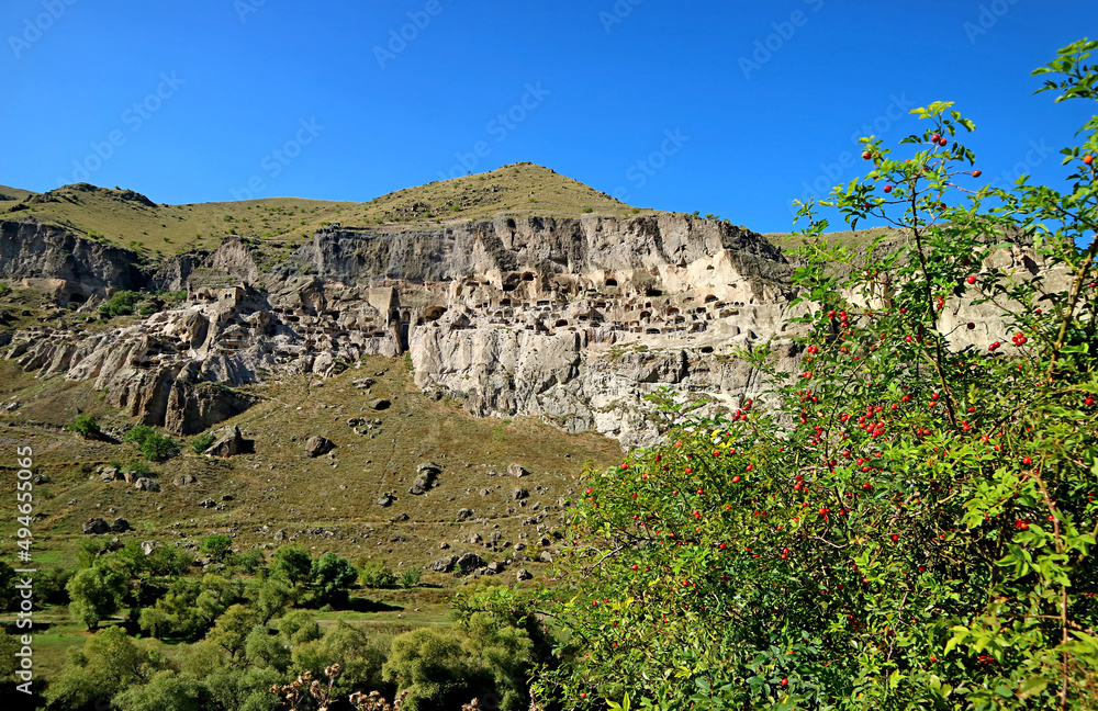 Panoramic View of Vardzia, Amazing Medieval Cave Monastery Excavated from the Slopes of Mt. Erusheti Near the Town of Aspindza, Georgia
