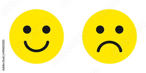 Set of smile emoticons isolated on white background. Line icons of emoticons. Happy and unhappy emoticons in yellow. Emoticons set