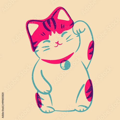 Lucky cat. Colorful cute screen printing effect. Riso print effect. Vector illustration. Graphic element  for fabric, textile, clothing, wrapping paper, wallpaper, poster. photo