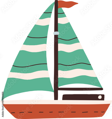 Side View of Cute Doodle Sailboat Cartoon Illustration