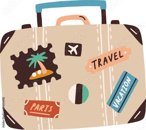 Suitcase Decorated with Stickers and Badges Cartoon Illustration