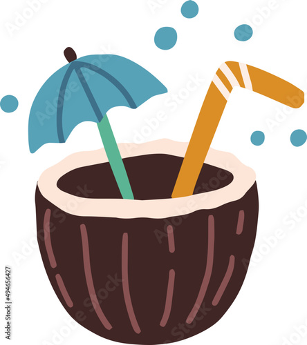 Fresh Tropical Cocktail in Coconut Half Cartoon Illustration