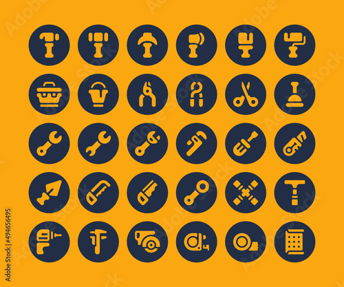 Simple set of 30 tool icons in circular glyph style