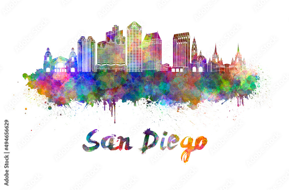 Obraz premium San Diego skyline in watercolor splatters with clipping path