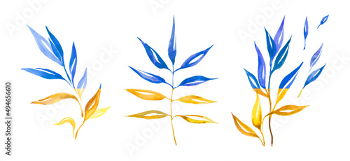 Yellow and blue branches with leaves isolated on white background. Spring set. Design element. Springtime concept. Ukraine flag colors