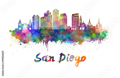 San Diego skyline in watercolor splatters with clipping path