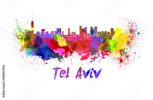 Tel Aviv skyline in watercolor photo