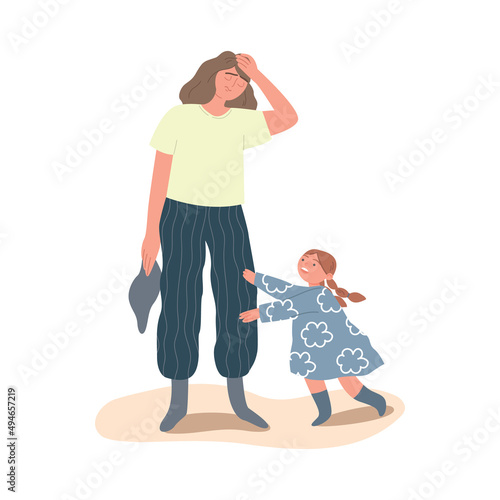 Tired mom after cleaning. An exhausted woman parental responsibilities. Child requires attention. The concept of the difficulties of motherhood. Vector flat illustration.