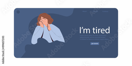 I'm tired.  An unhappy woman.  Bad mood, depressive state. The concept of mental health. Psychotherapy. A painful condition. Landing Page Template. Cartoon vector illustration. All elements isolated.