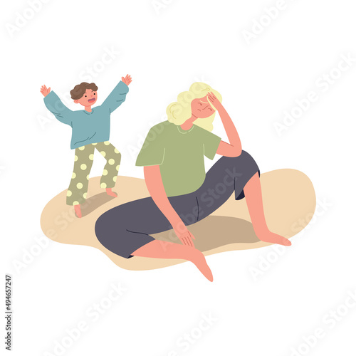 Tired mom is sitting on the floor. An exhausted woman parental responsibilities. Child requires attention. The concept of the difficulties of motherhood. Vector flat illustration.