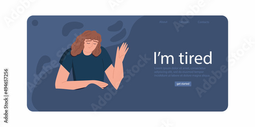 I'm tired.  An unhappy woman.  Bad mood, depressive state. The concept of mental health. Psychotherapy. A painful condition. Landing Page Template. Cartoon vector illustration. All elements isolated.