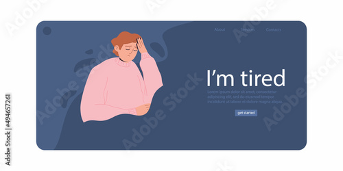 I'm tired.  An unhappy man.  Bad mood, depressive state. The concept of mental health. Psychotherapy. A painful condition. Landing Page Template. Cartoon vector illustration. All elements isolated.