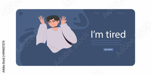 I'm tired.  An unhappy man.  Bad mood, depressive state. The concept of mental health. Psychotherapy. A painful condition. Landing Page Template. Cartoon vector illustration. All elements isolated.