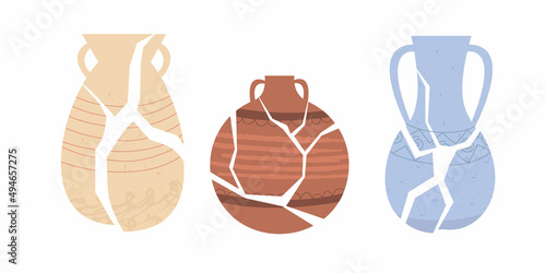Set different broken ancient Greek vase. An old Roman vase with two handles. An archaeological artifact. Ceramic tableware. Hand-drawn illustration on a white isolated background.