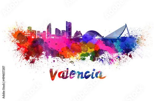 Valencia skyline in watercolor photo