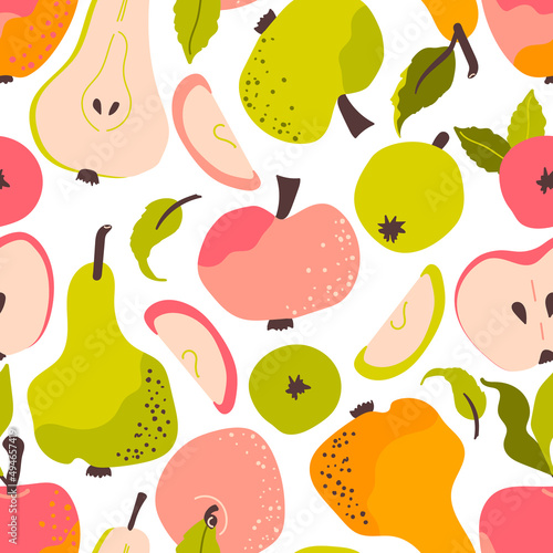Apples and pear seamless pattern. Vector background with sliced ​​pieces and ripe fruits. Food print. Perfect for printing on the fabric, design package and cover