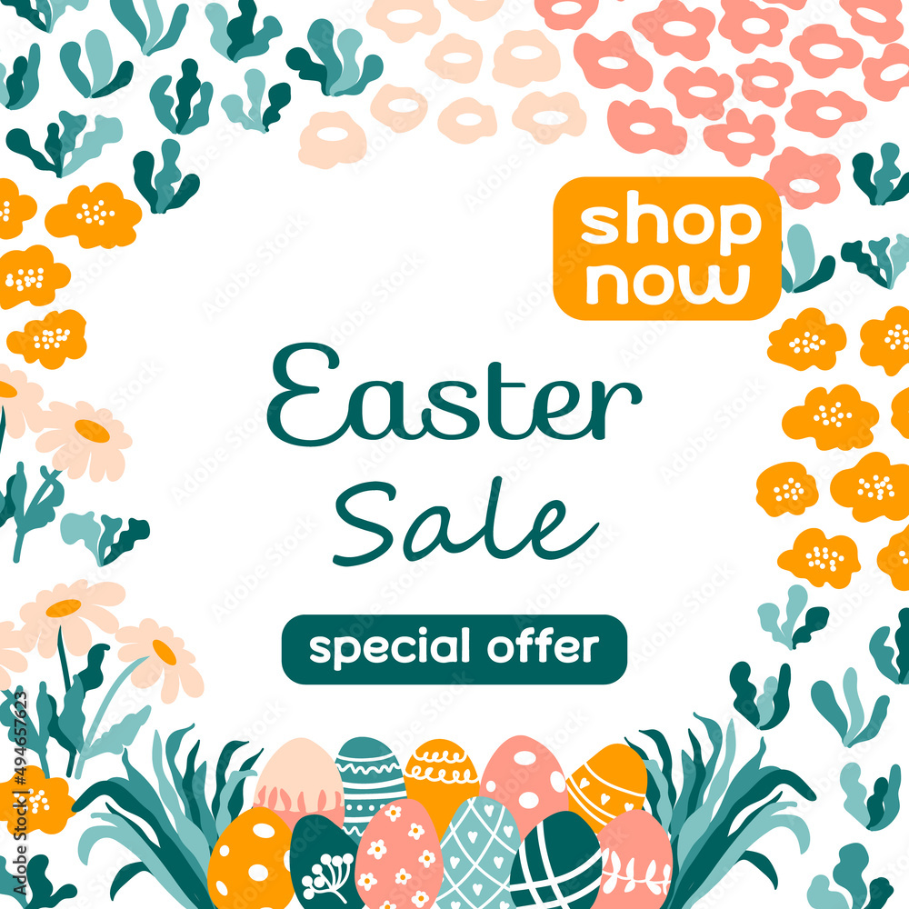 Easter Sale. Painted eggs, flowers, chamomiles, herbs. Floral pattern. Trendy vector border. Ideal for advertising and discount in the market.