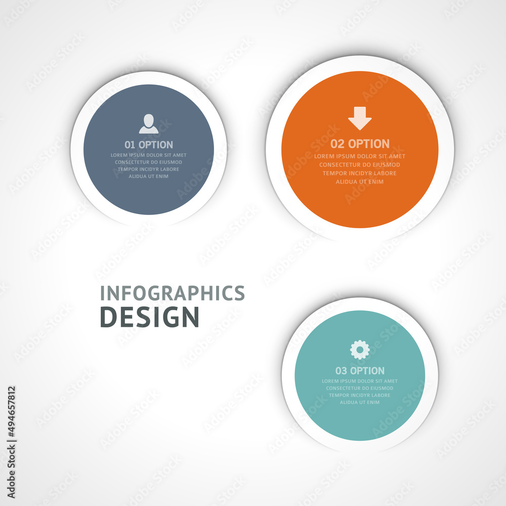 Circles buttons infographicvector banner. Volumetric text templates with blue information and orange website annotations. Gray graphic design tabs statistical for presentation of projects.